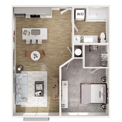 Floor plan for 1 bed, 1 bath, 697 sqft